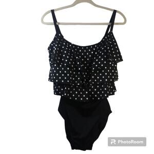 Inches Away Black Polka Dot Tiered Ruffle One Piece Swim Suit size 16W